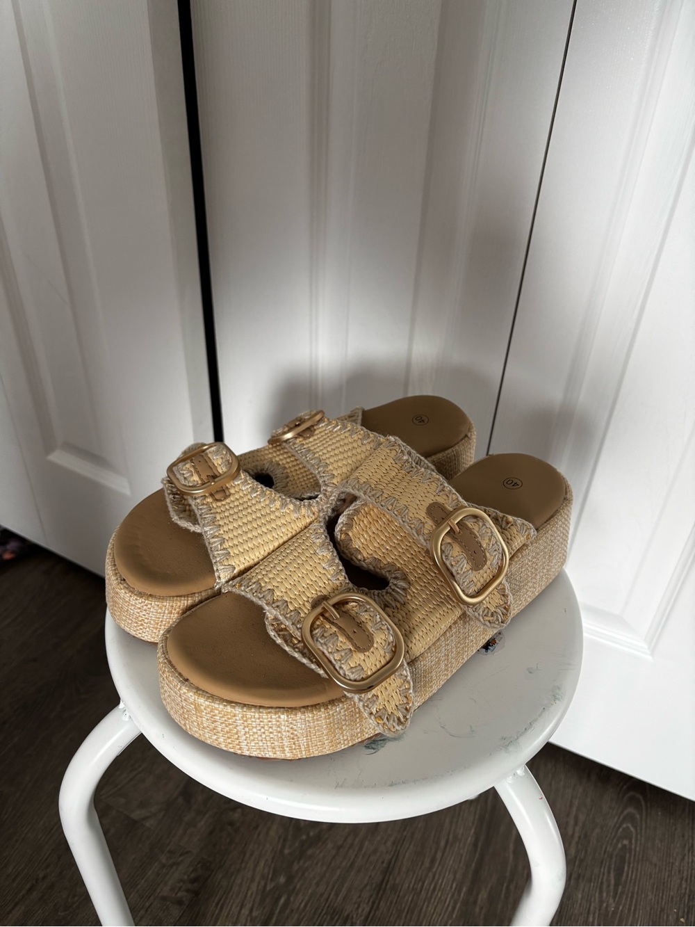 Woven Buckle Platform Sandals - Beige